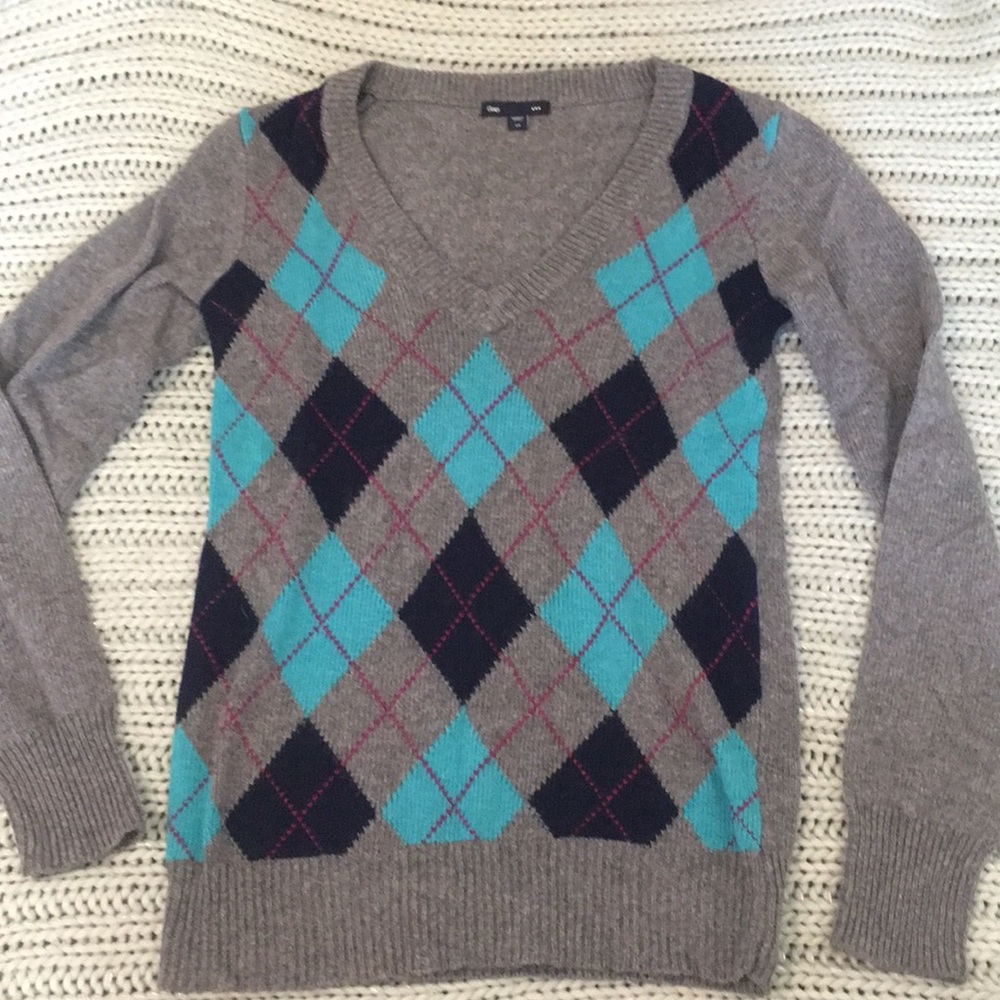 Gap argyle blue gray long sleeve v neck sweater xs